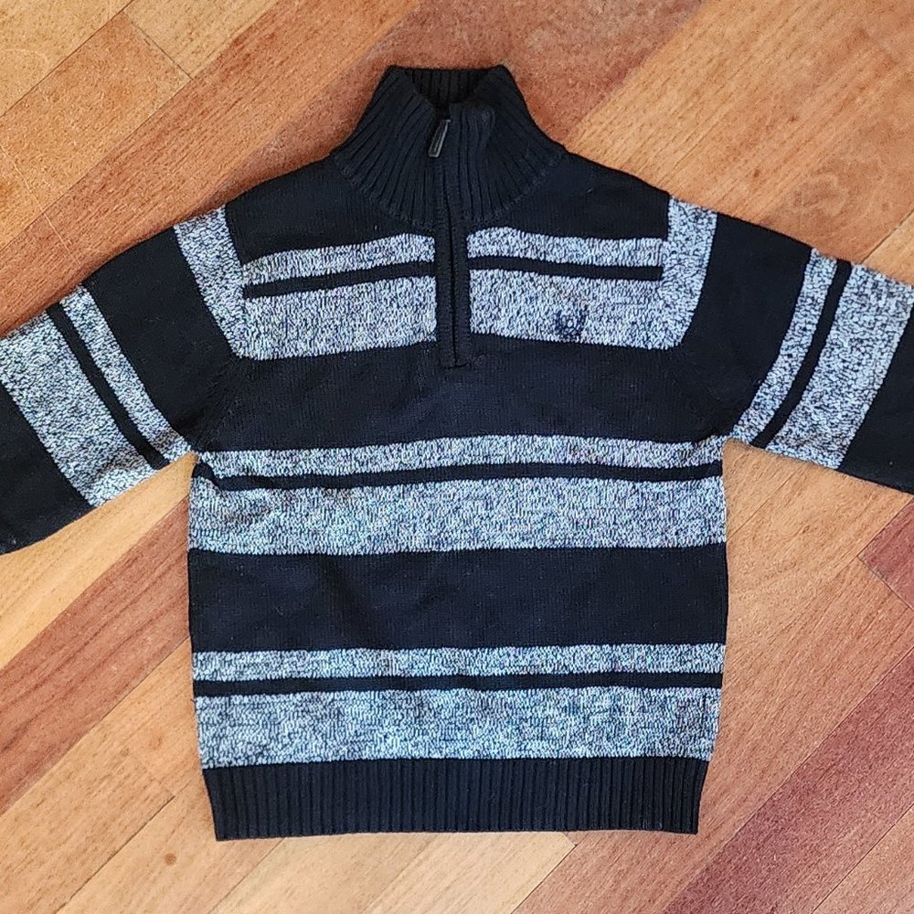 CHAPS Black/Gray Striped Zip-Up Sweater Size 8